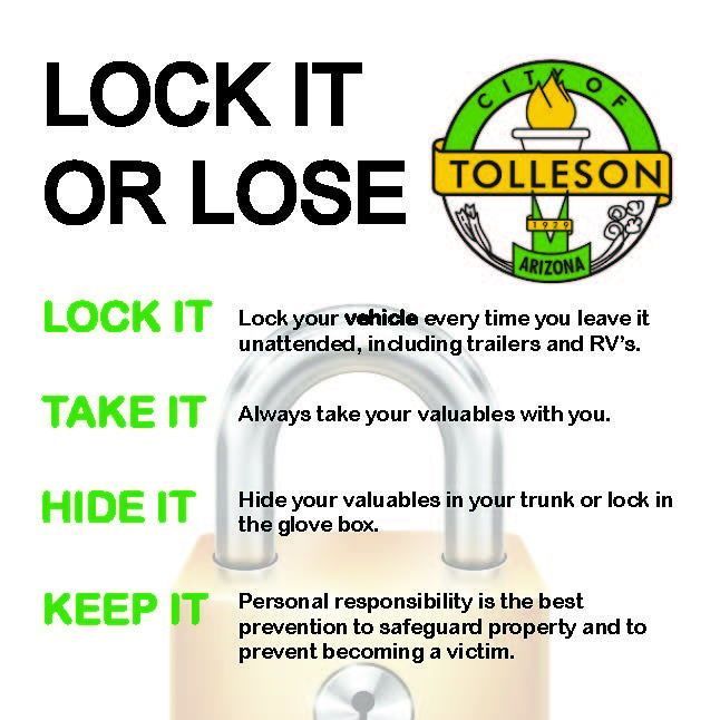 🌞 As we head into warmer days, remember to lock up! Secure doors, windows, and storage areas to protect your belongings. Stay alert and safe during outdoor fun. Together, we can enjoy a secure summer! 🔐 #SummerSafety #TollesonPD tolleson.az.gov