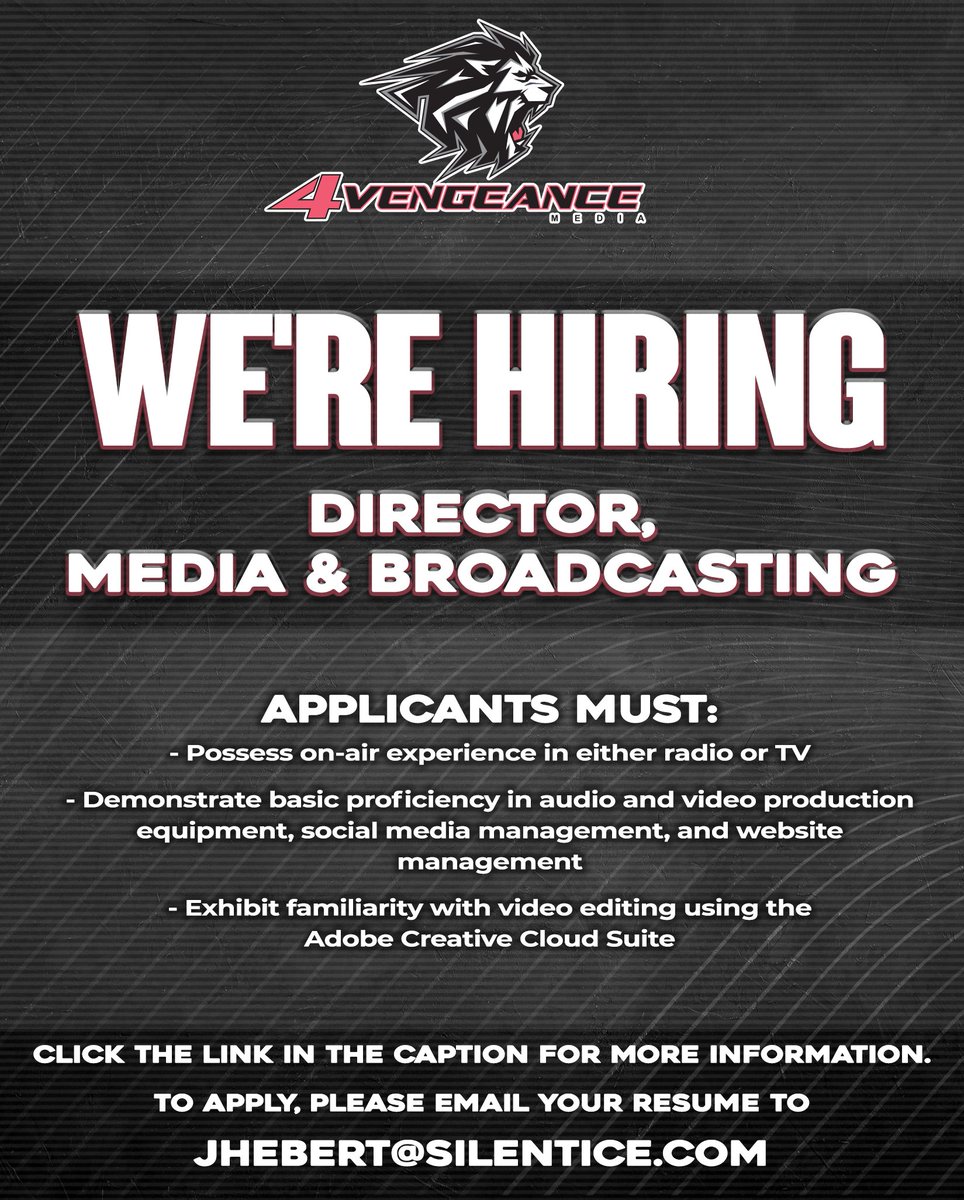 Now Hiring! 4Vengeance Media is in search of a Director of Media & Broadcasting! If you think you have what it takes to join our progressive and exciting organization, check out the details below! Read more here --> silentice.com/news/general-1… #BCHL | #SaintsNation