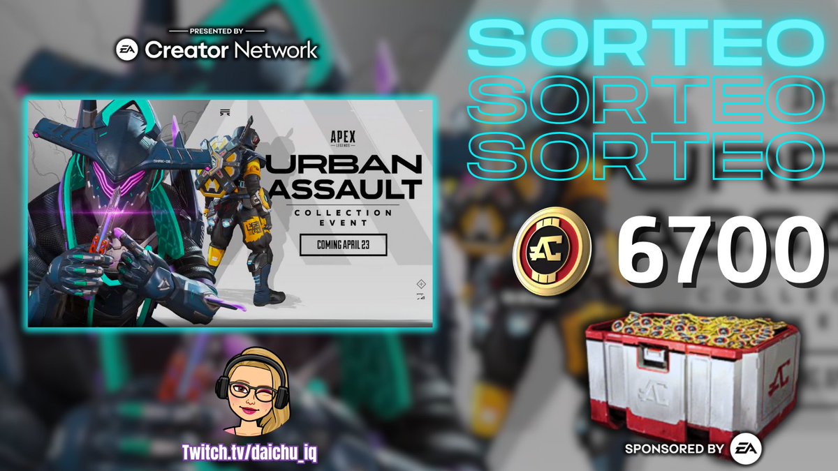 🔵Sorteo  #ApexLegends ASALTO URBANO🔵6700 ApexCoins(*)🧡¡Gracias #EACreatorNetwork por la oportunidad!:
☑️Seguir a <a href="/EAlatam/">EA Latinoamérica</a> y <a href="/Daichu_iq/">Daichu</a> 
☑️RT y Comentar Plataforma (PC-XBOX-PS)
☑️Presenciar(**)💻Twitch.tv/daichu_iq
⏰Ju 02/05🇦🇷21:30 horas
#SponsoredbyEA #EAPartner