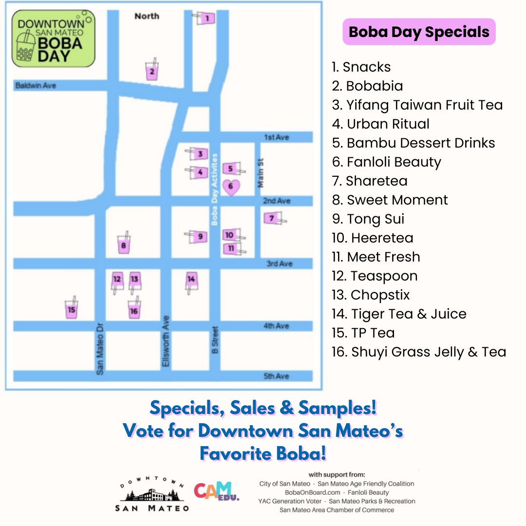 What's the tea? This Sunday is Downtown San Mateo Boba Day! Grab a treat, enjoy games and giveaways, and vote for your favorite boba, from noon - 3pm 🧋 @DowntownSM