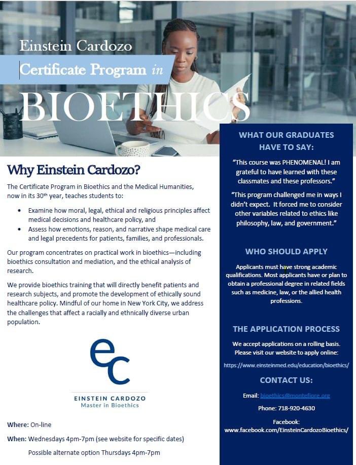 The Montefiore Einstein Center for Bioethics offers a Master degree and year-long certificate program (one of the first in the US) Apply now! einsteinmed.edu/education/bioe… #bioethics #MedEd #HigherEd #healthcare #Nursing #MedTwitter #publichealth