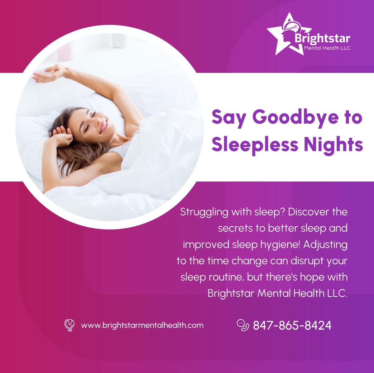 Follow BrightStar Mental Health LLC for expert tips on establishing a bedtime routine, creating a sleep friendly environment, and managing...  

Read more: instagram.com/p/C6L-D6AhJv-/

#SleepTips #SleepHygiene #BetterSleep #HealthySleepHabits #IllinoisTherapist #ChicagoTherapy