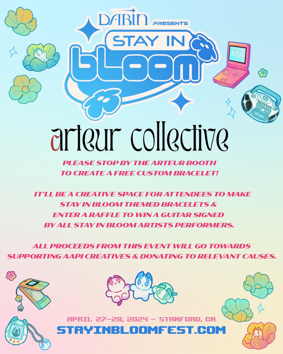 Stay in Bloom has teamed up with Arteur Collective, a non profit empowering AAPI creatives, to bring you a booth to make kandi this weekend! They’ll also be hosting a raffle to give away the guitar I play this weekend. All proceeds go towards the creative AAPI community ❤️🫰