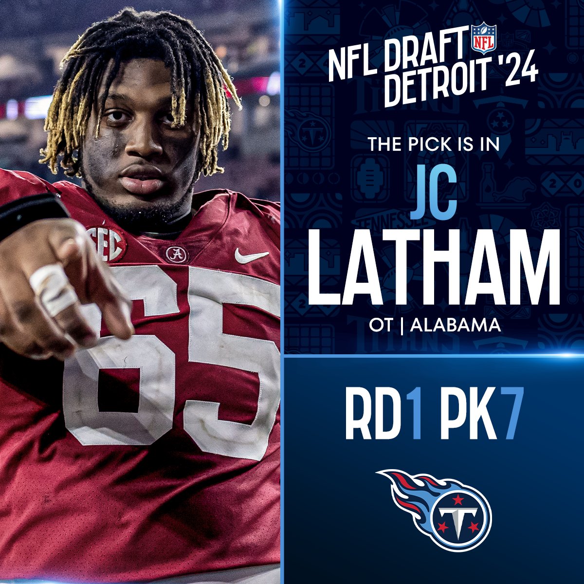 With the No. 7 overall pick in the 2024 @NFLDraft, the @Titans select JC Latham! @NewEraCap 📺: #NFLDraft on NFLN/ESPN/ABC 📱: Stream on #NFLPlus