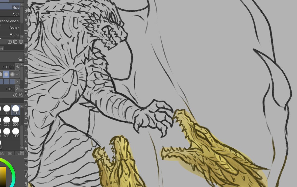 Sketch and wip #Godzilla #Ghidorah