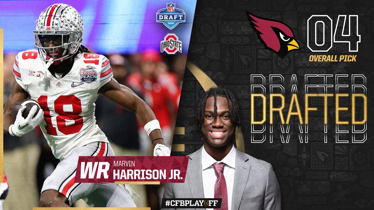 The first #CFBPlayoff participant is off the #NFLDraft board! Congratulations to @OhioStateFB WR Marvin Harrison Jr. (@MarvHarrisonJr), who was selected fourth overall by the @AZCardinals! Harrison eclipsed the century mark in the 2022 Playoff Semifinal at the @CFAPeachBowl.