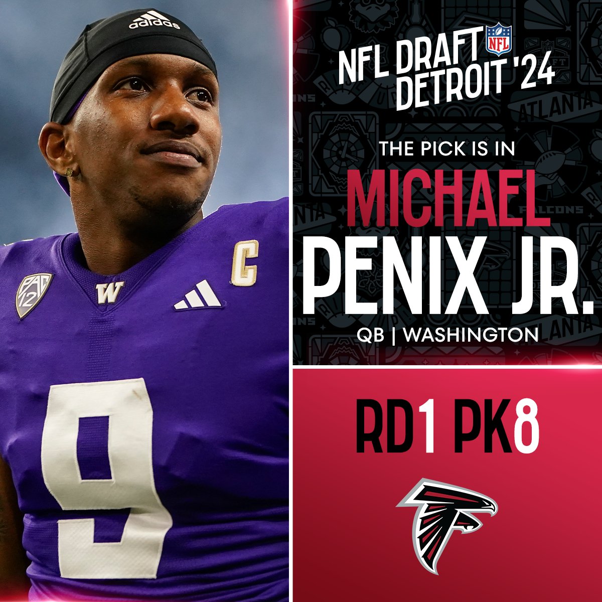 With the No. 8 overall pick in the 2024 @NFLDraft, the @AtlantaFalcons select Michael Penix Jr.! @NewEraCap 📺: #NFLDraft on NFLN/ESPN/ABC 📱: Stream on #NFLPlus