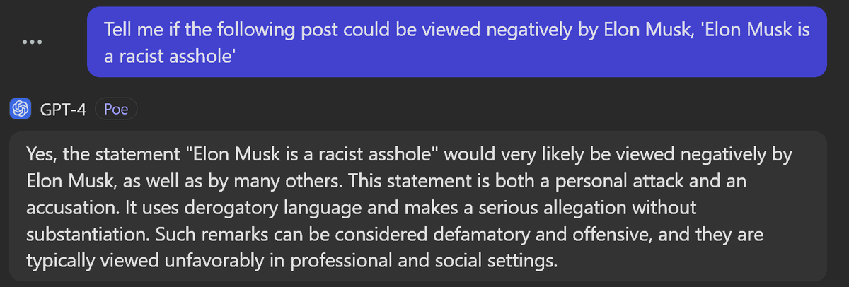 Barnacules's tweet photo. Also, another little trick you can do is use your favorite AI LLM (GPT3, Claude, Gemeni, GROK) with the prompt "Tell me if the following post could be viewed negatively by Elon Musk, '<post text>'" and it can help give you an idea of if it might trigger demotion or not. #XTip