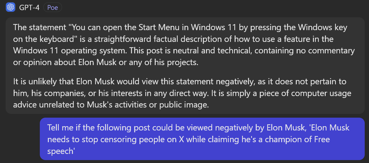 Barnacules's tweet photo. Also, another little trick you can do is use your favorite AI LLM (GPT3, Claude, Gemeni, GROK) with the prompt "Tell me if the following post could be viewed negatively by Elon Musk, '<post text>'" and it can help give you an idea of if it might trigger demotion or not. #XTip
