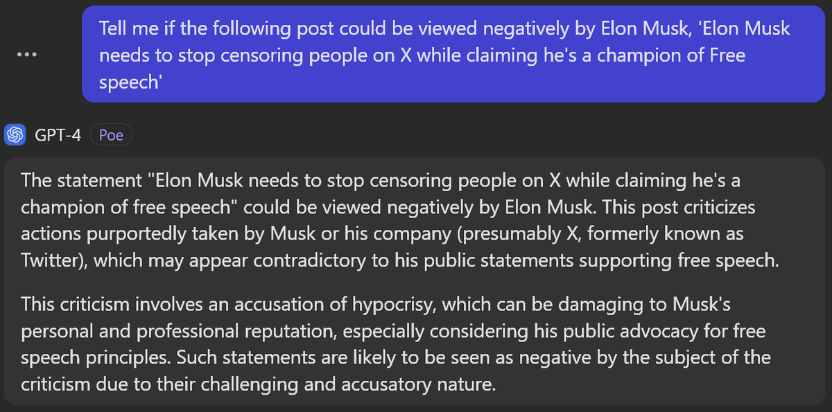 Barnacules's tweet photo. Also, another little trick you can do is use your favorite AI LLM (GPT3, Claude, Gemeni, GROK) with the prompt "Tell me if the following post could be viewed negatively by Elon Musk, '<post text>'" and it can help give you an idea of if it might trigger demotion or not. #XTip