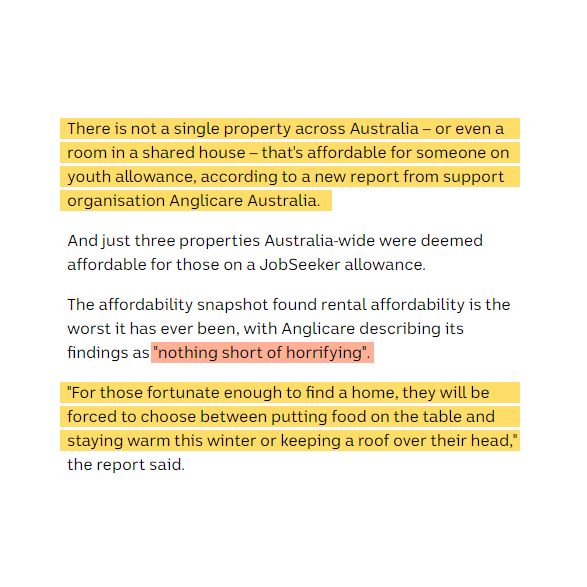 Out of 45,000+ listings: • 0 were affordable for a renter on youth allowance • 32 for a renter on DSP • 289 for a renter working min wage full-time This isn't sustainable. Anglicare reports that the govt needs to be building 25K homes/year if they want to ease the crisis.