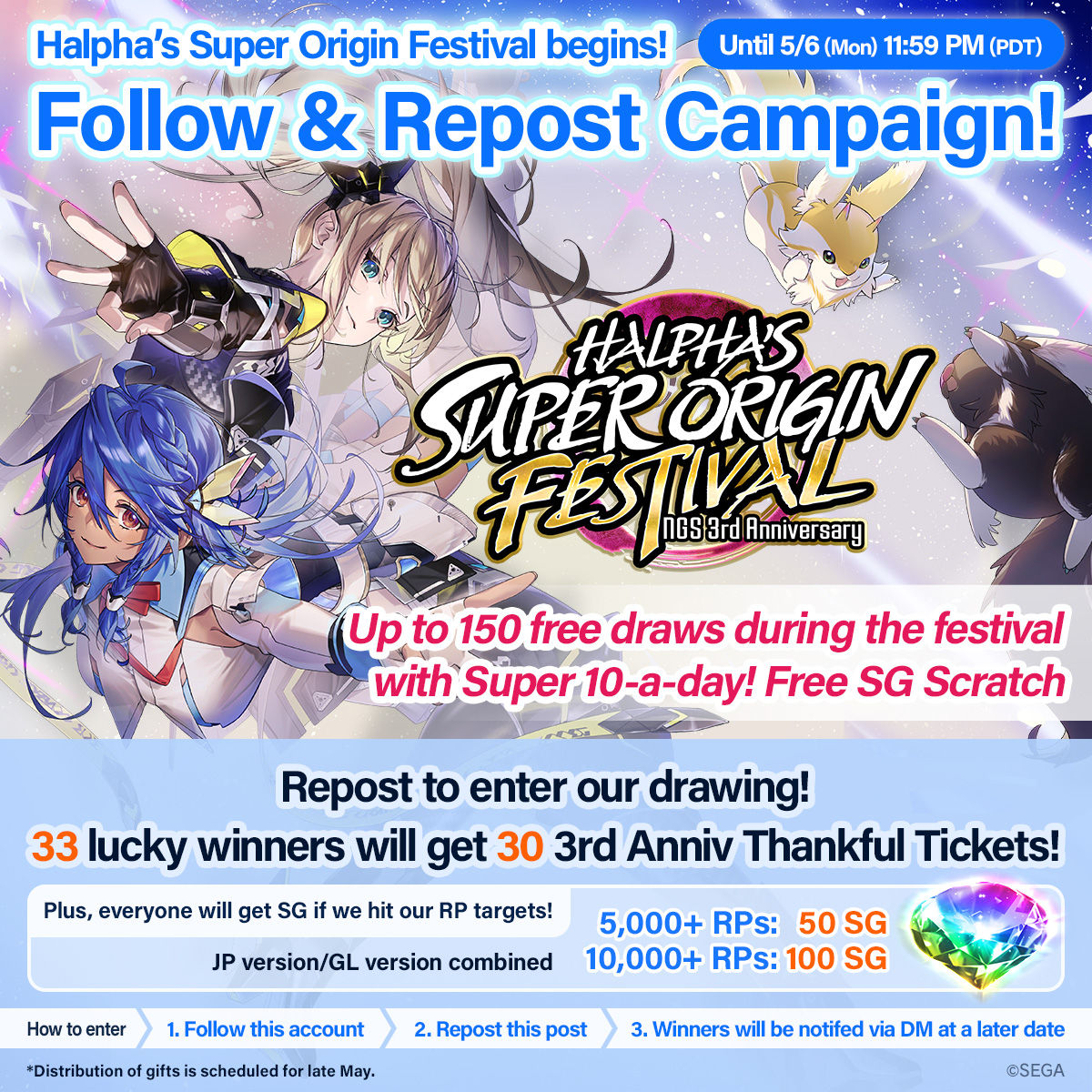 Halpha’s Super Origin Festival is underway! Celebrate the 3rd Anniversary of #PSO2NGS with a Repost Campaign! Follow play_pso2 Repost this tweet ...to enter! 33 winners will get 30 3rd Anniv Thankful Tickets! Certain goals reward all players SG! #NGSHalphasSuperOriginFestival