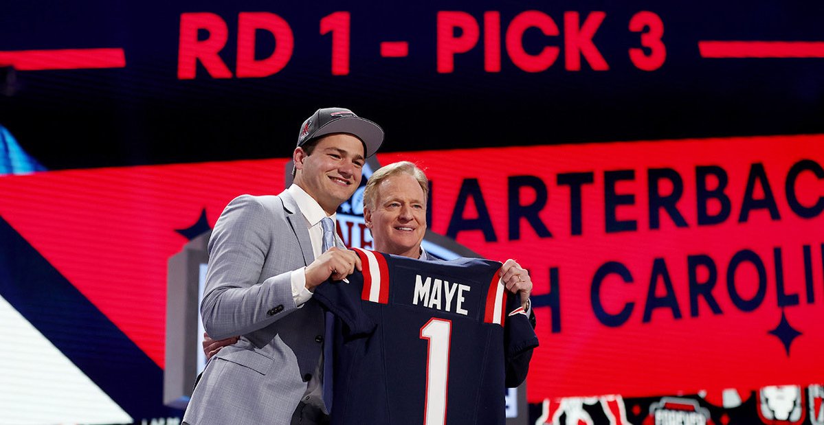 #UNC’s Drake Maye is greeted on stage by NFL commissioner Roger Goodell, after being picked No. 3 overall by the Patriots. Wire photos from Getty here. #NFLDraft