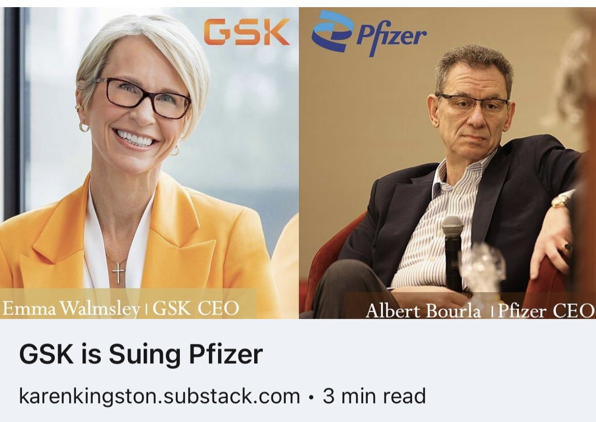 This never gets old for me…. BREAKING: Pfizer thought they had immunity under the PREP Act, but now GSK is joining the the growing list of organizations and individuals that are suing the pants off of the pharma giant. karenkingston.substack.com/p/gsk-is-suing…