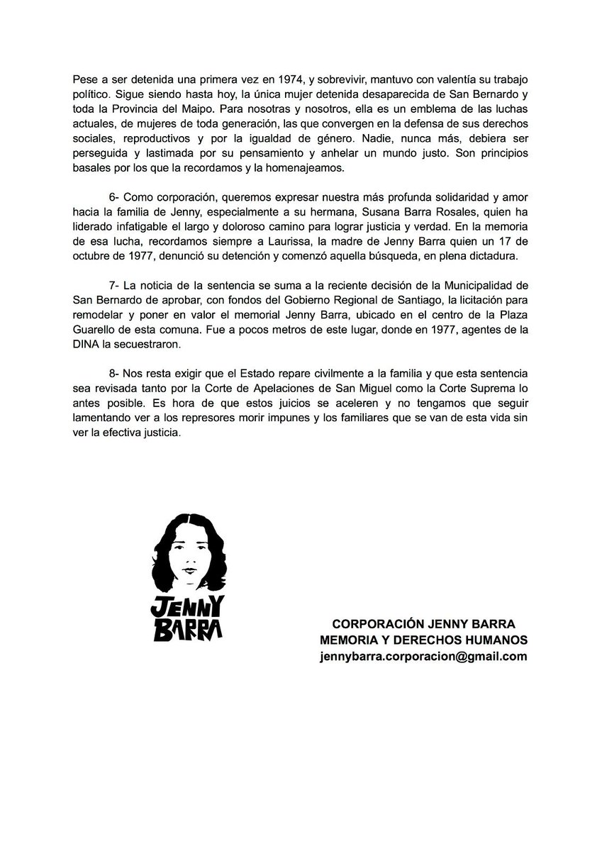 Sentencia de 10 años de cárcel para 4  agentes de la #DINA que secuestraron y asesinaron en Cuartel Simón bolívar a la estudiante de Enfermería <a href="/UCatolica/">Universidad Católica</a> militante del #MIR Jenny Barra Rosales. Compartimos declaración pública ante este esperado hito judicial. Difundir.