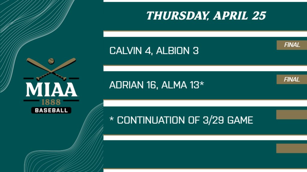 #D3MIAA Baseball Results | April 25 ⚾ @CalvinKnights 4, @gobrits 3 @AdrianBulldogs 16, @AlmaScots 13 #MIAAbsb #GreatSince1888