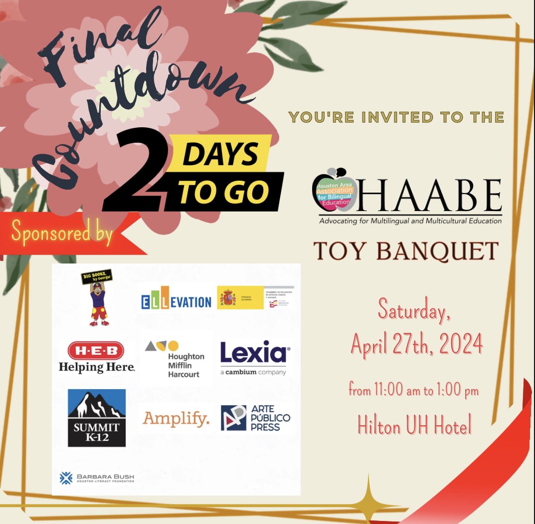 🚨 only 2 days to GO! 🚨
It’s the final countdown for the 2024 HAABE TOY Banquet! 🎉
Sponsored by  
, @lexialearning , @heb , @hmhproud , @spainedoffice , @bigbooksbygeorge , @artepublico  @Amplify #velazquezpress @summitk12 
 @barbarabushfoundation 
  @ellevationed 

#HAABE