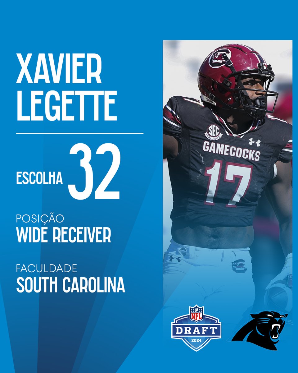 Fechando a 1ª rodada do #NFLDraft, os @Panthers selecionam o WR Xavier Legette, de South Carolina! #KeepPounding
