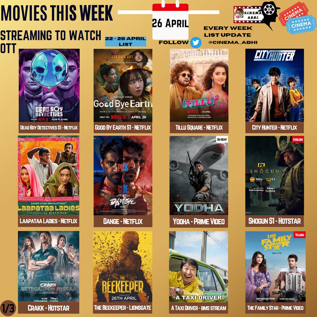 Streaming List 🤩

Prime Video
#DilDostiDilemma S1, #ChachaVidhayakHainHumare S3 & #Them S2
#SayenTheHuntress 
Hindi Dubbed #OperationValentine & #MissionChapter1 

#Ranneeti S1 & #Yaariyan2 - Jio Cinema
Documentary #HackYourHealth - Netflix
Gujarati #Vash - Shemaroo Me

(2/4)