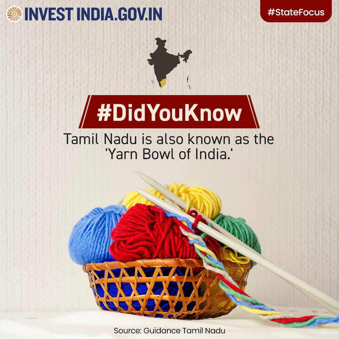 investindia's tweet image. #TamilNadu, ranking 2nd in #NewIndia&apos;s #textileproduction, excels in spinning, handloom, power loom, processing, knitwear, and garments, shaping the nation&apos;s textile landscape.

Discover more at bit.ly/II-TamilNadu

#StateFocus #InvestInIndia #InvestInTamilNadu #DidYouKnow