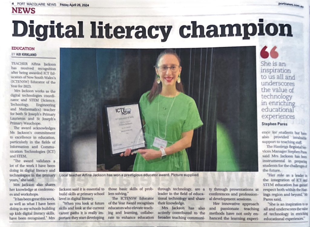 Thank you Abi Kirkland from Port News for this article about my 2023 Educator of the Year award from @ICTENSW.