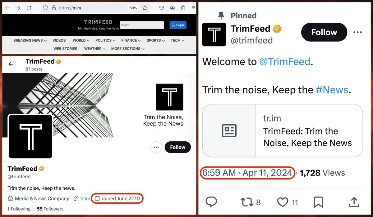 Nothing says 'legitimate news source' quite like repurposing a 13 year old X account. Meet @trimfeed, a 'Media & News Company' account created in June 2010 that has no posts prior to April 2024, 55 followers, and a gold verification checkmark. cc: @ZellaQuixote