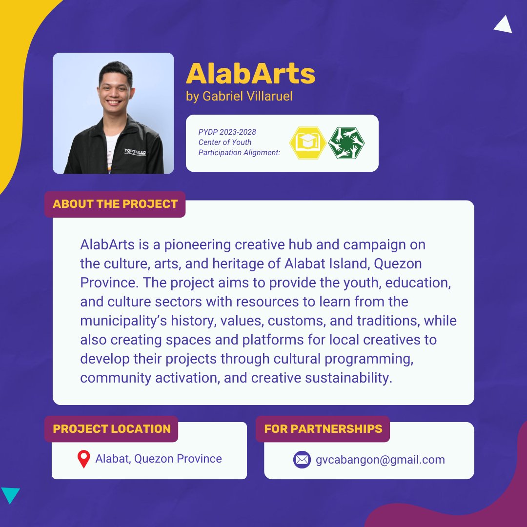 ALABARTS by Gabriel Villaruel 🎨

Isa itong pioneering creative hub and campaign to boost the culture, #arts, and heritage of Alabat, Quezon Province. It aims to provide spaces and platforms for local creatives to develop their projects!

#YouthLedPH #ReadyToLEAD #YouthLeadership