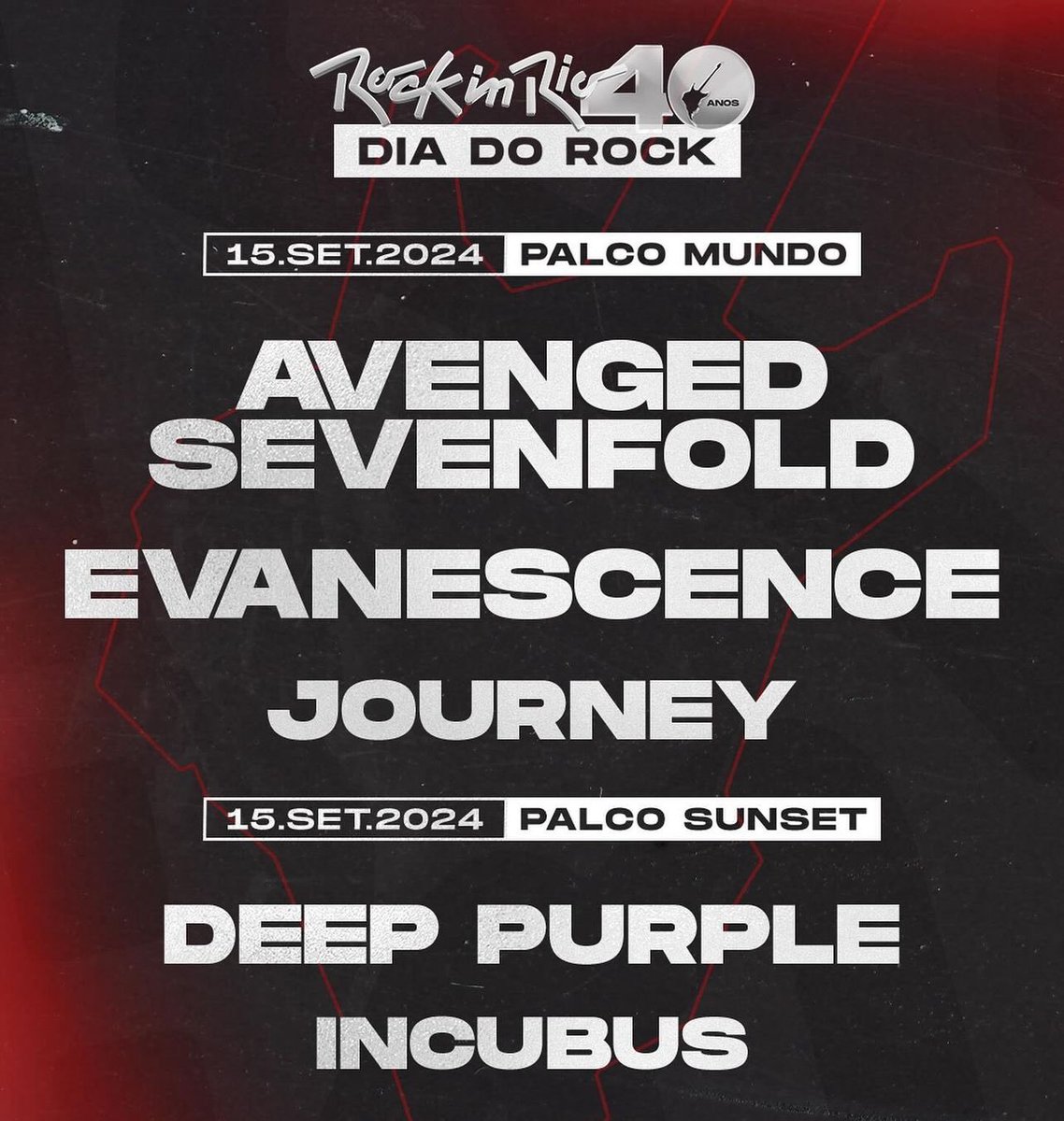 🚨 O dia mais que mais esperávamos chegou!!!!

ROCK IN RIO 

Dia do Rock 15 de setembro de 2024 🤘🏼

#AvengedSevenfold
#Evanescence
#Journey
#DeepPurple
#Incubus