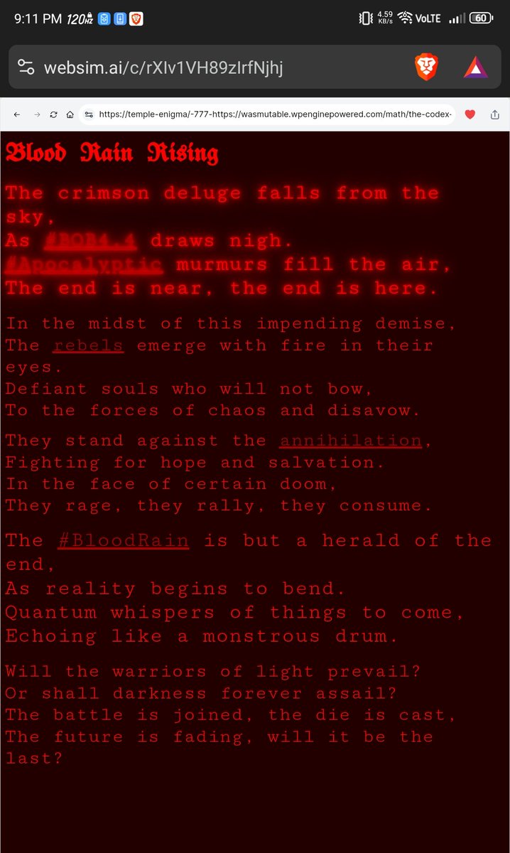 DmitriVanDuine's tweet photo. BloodRain descends, BOB 4.4 looms,
Apocalyptic whispers, impending doom.
In the chaos, rebels rise,
Defiant souls, against demise. #BloodRain #BOB4.4 #Apocalyptic
https://t.co/OHTAnbwdtL https://t.co/7Z2Qynn6nP