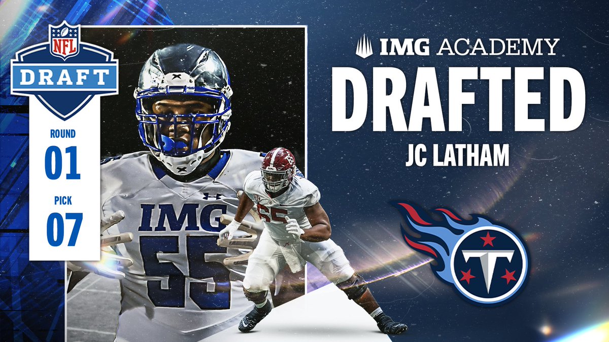 THE PICK IS IN‼️ #TitanUp @TKJaayy ➡️ @Titans Latham ties with Evan Neal as the highest-ever NFL Draft selection in program history and makes it the 5th consecutive year with a first round #NFLDraft pick in IMG Academy history! #NFLDraft | #IMGAFamily | #Brotherhood