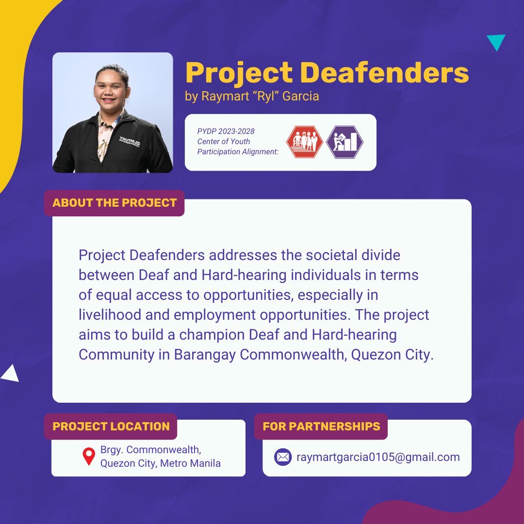 Project Deafenders by Ryl Garcia 🦻

This is a project that aims to address societal divide between Deaf and Hard-hearing individuals in terms of #equalaccess to opportunities, especially in livelihood and employment.

#YouthLedPH #ReadyToLEAD #YouthLeadership
