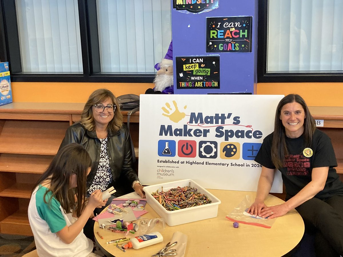 mattsmakerspace's tweet photo. Grand opening at Highland Elementary School in Ambridge Area School District. Principal Stephanie Hull and teachers, PTO leaders, students and families were there for tacos, cupcakes! Excited to welcome Matt’s Maker Space #41!#remakelearning #grable #pittsburgh kids https://t.co/gYO47LXxOk