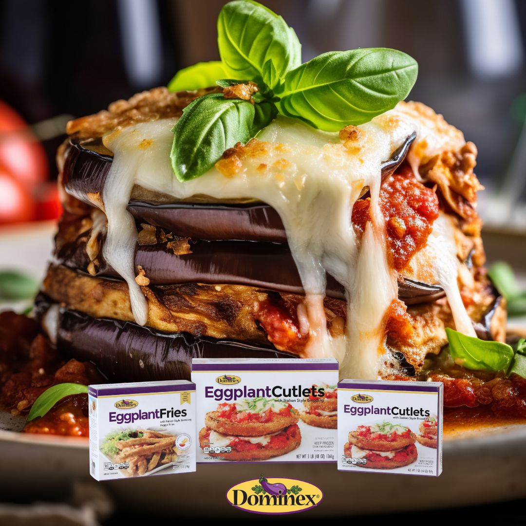 Create Eggplant Parmesan in stacks in minutes with our Dominex Eggplant Cutlets. Layer Eggplant Cutlets, pasta sauce, and mozzarella cheese, repeat and repeat. Bake for 35 minutes. Garnish with basil and serve. #Dominex #EggplantProducts #EggplantRecipes #vegetarian #Meatfree