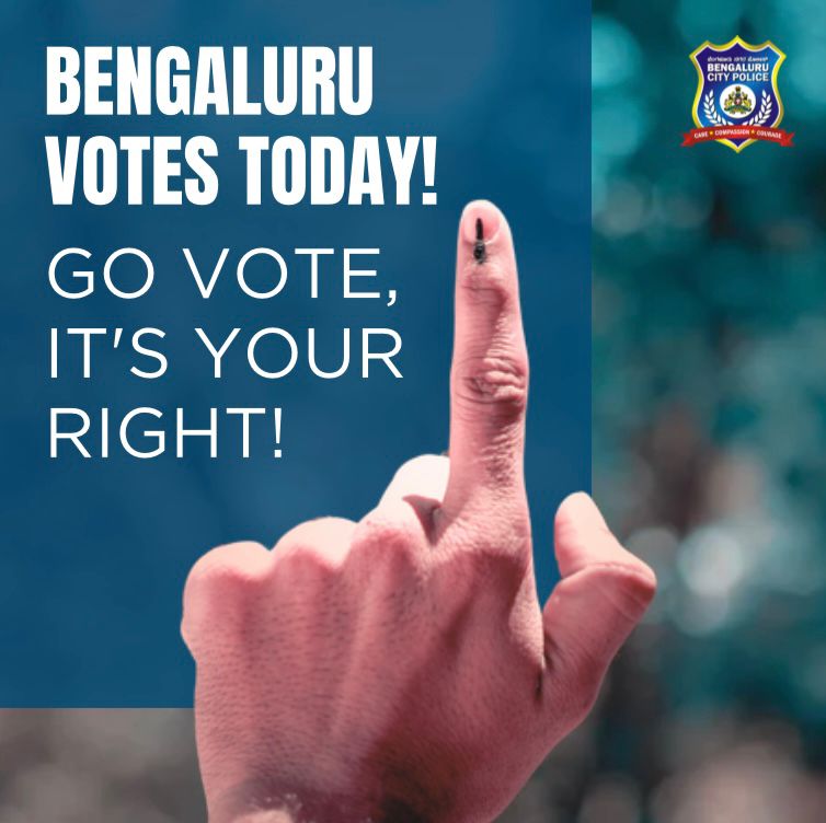 Bengaluru, it's not just another day, it's VOTING DAY! Embrace your power, make your pick, and shape the future you believe in. Go out and vote! #Election2024 #WeServeWeProtect ಬೆಂಗಳೂರಿಗರೇ..! ಇಂದು ಸಾಮಾನ್ಯವಾದ ದಿನವಲ್ಲ. ಮತದಾನದ ದಿನ! ನಿಮ್ಮ ಆಯ್ಕೆ ಮೂಲಕ ನಿಮ್ಮ ಶಕ್ತಿ ಪ್ರದರ್ಶಿಸಿ, ನೀವು…