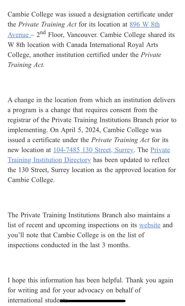 Received a response to my query to @Dave_Eby @RachnaSinghNDP & @lisabeare about Cambie College. Copy below. The college moved to a new address (in Surrey) on April 5, 2024. I must applaud Eby & team for responding with detailed info. Credit where credit is due. @arvindlotus