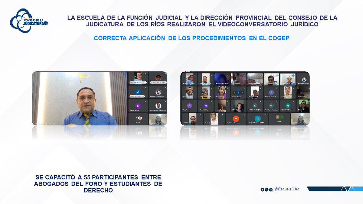 CJLosRios's tweet photo. ✍️ #AHORA | Profesionales y estudiantes de Derecho participan en el Video Conversatorio Jurídico: "Correcta Aplicación de los Procedimientos en el COGEP", organizado por la Dirección Provincial del @CJLosRios coordinación con la @EscuelaCJec. 📚 https://t.co/Iwe4IEnFiv