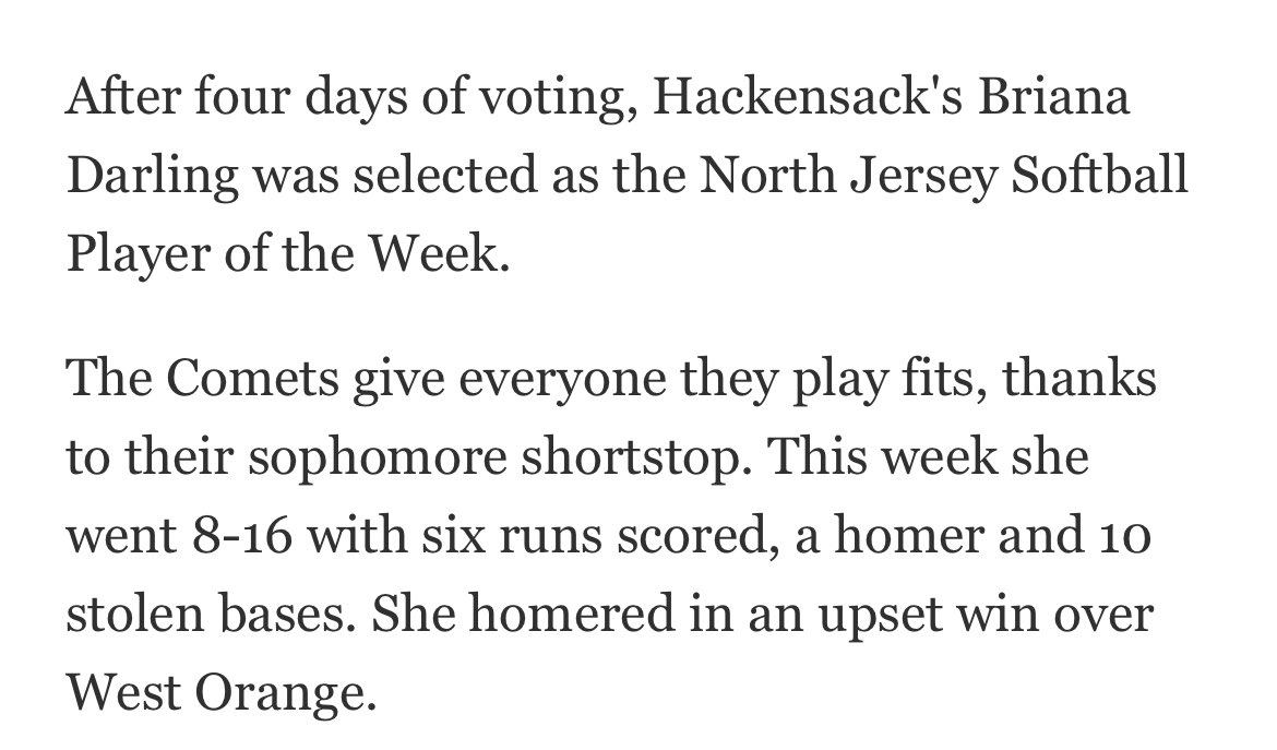 Proud to say I have been selected for Player Of the week!! Thank you to everyone who has voted and supported me❤️🙌#hackensack #softball #playeroftheweek #classof2026 #uncommitted