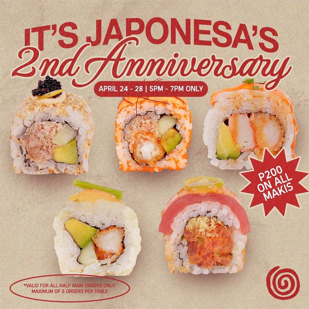 What better way to celebrate our 2nd anniversary than with your all-time favorite Makis for only P200! 🍣 Experience Japonesa like never before! We’re open from 5pm onwards everyday! Terms & Conditions apply. #JaponesaPoblacion ©️ Japonesa Poblacion #JamesReid | James Reid