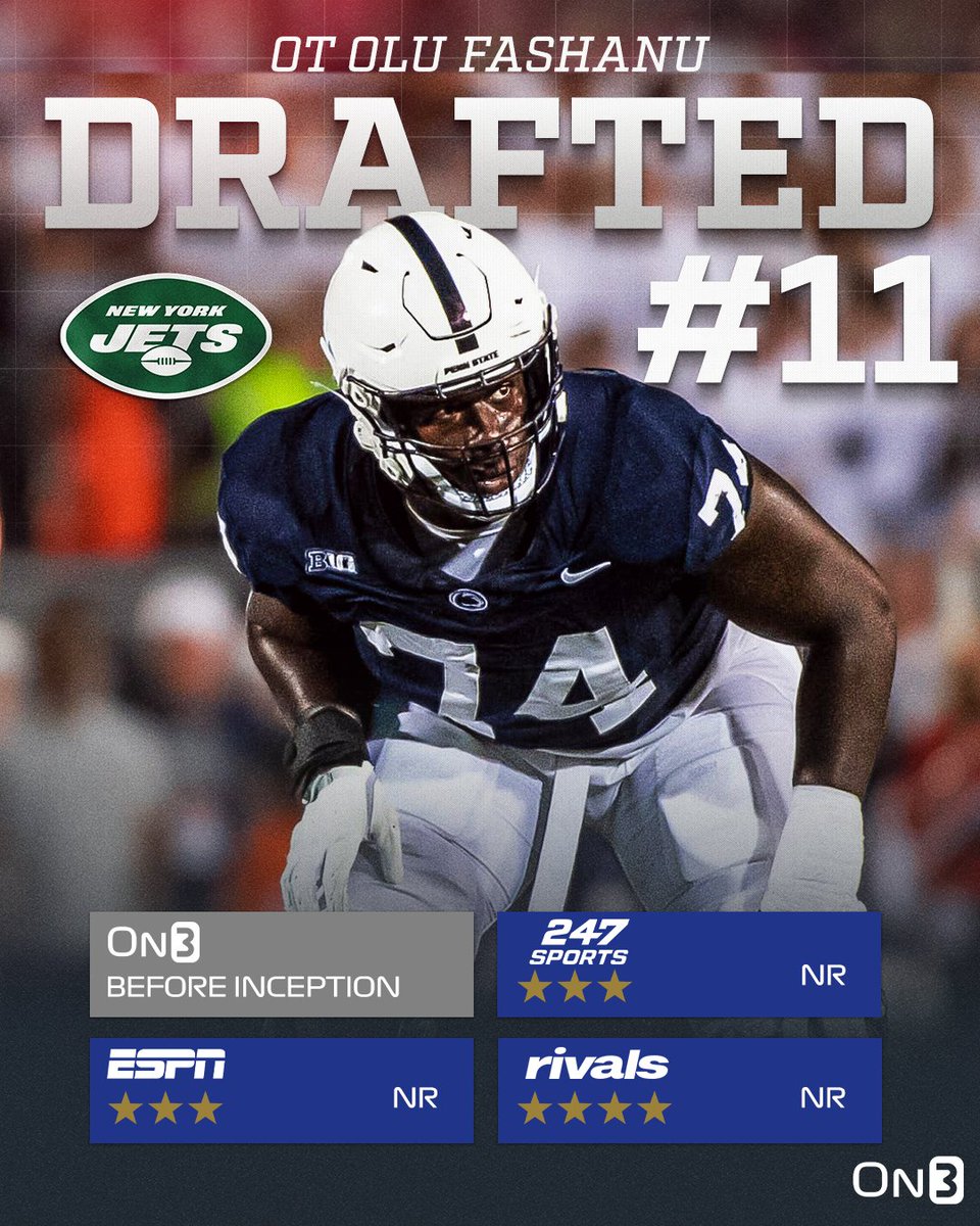 The New York Jets have selected Penn State OT Olu Fashanu with the 11th pick in the 2024 NFL Draft🦁 on3.com/nfl/draft/2024/