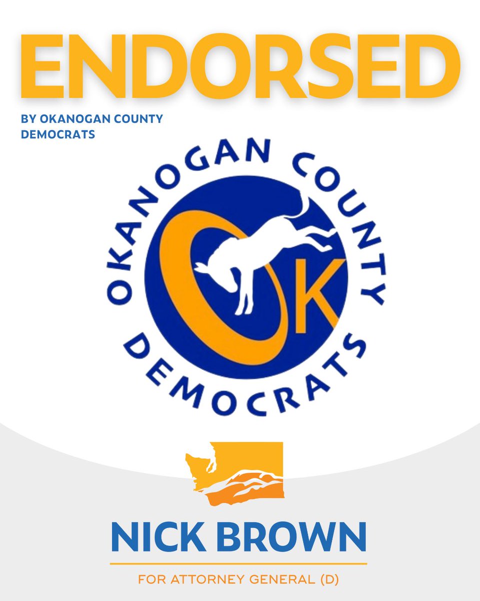 I am honored to share our campaign has been endorsed by the Okanogan County Democrats! With their support, we will continue our mission to uphold justice and equality for all Washingtonians. Thank you Okanogan County Democrats for your endorsement! #NickBrownForAG #JusticeforAll