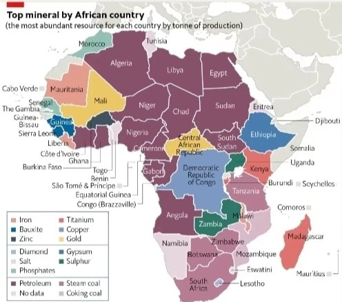 Economia africana segue fortemente baseada no extrativismo mineral. No mapa abaixo, aponta-se o recurso mais abundante de cada país. Num continente com sérios gargalos energéticos, petróleo e carvão são dominantes.