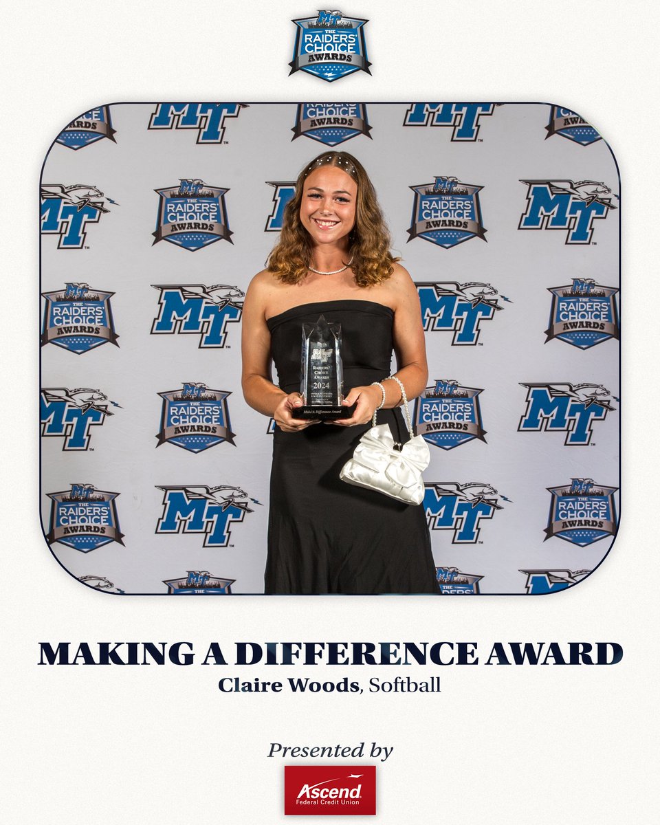 MTAthletics's tweet image. She’s an outstanding representative for all Blue Raiders with everything she does at the MTSU, Conference USA, and national SAAC levels. Claire Woods from @MT_Softball is our Making a Difference Award recipient!

#RCA2024