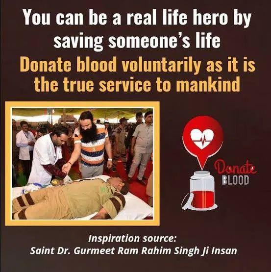Blood donation is a great donation.  Following the inspiration of Saint Dr.MSG,followers of Dera Sacha Sauda donate blood regularly.Let us also save someone's life by donating blood and get our share in this great donation.
#BloodDonation
#DonateBloodSaveLives
DonateBlood