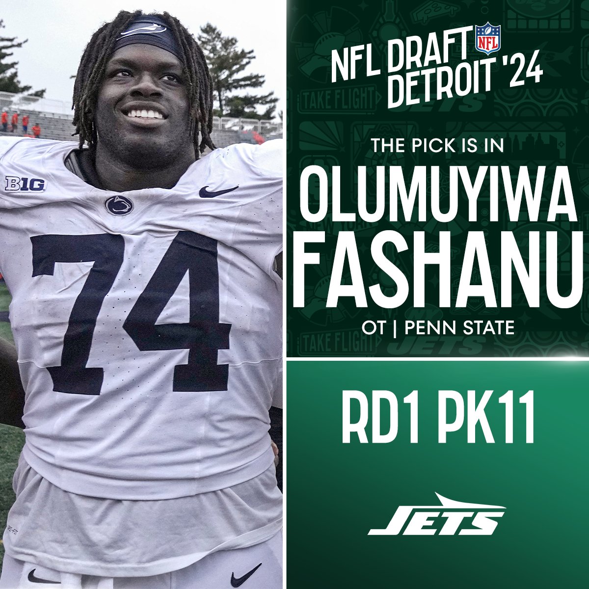 With the No. 11 overall pick in the 2024 @NFLDraft, the @nyjets select Olumuyiwa Fashanu! @NewEraCap 📺: #NFLDraft on NFLN/ESPN/ABC 📱: Stream on #NFLPlus