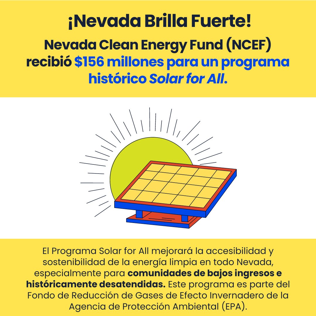 ☀️Huge win for Nevada! This #SolarForAll award will help Nevadans save on bills while benefitting from pollution-free energy. Congrats @NevadaCEF 👉 nevadacef.org/news-%26-repor…