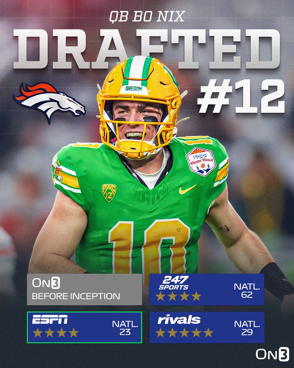 The Denver Broncos have selected Oregon QB Bo Nix with the 12th pick in the 2024 NFL Draft🦆 on3.com/nfl/draft/2024/