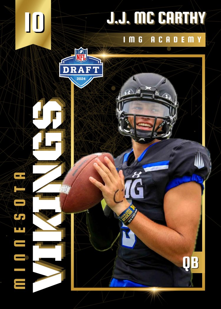 No. 10 Minnesota Vikings - J.J. McCarthy, QB - IMG Academy, Florida. Follow our draft tracker -> bit.ly/3vZRoCL #playfootball #NFLdraft📷📷📷