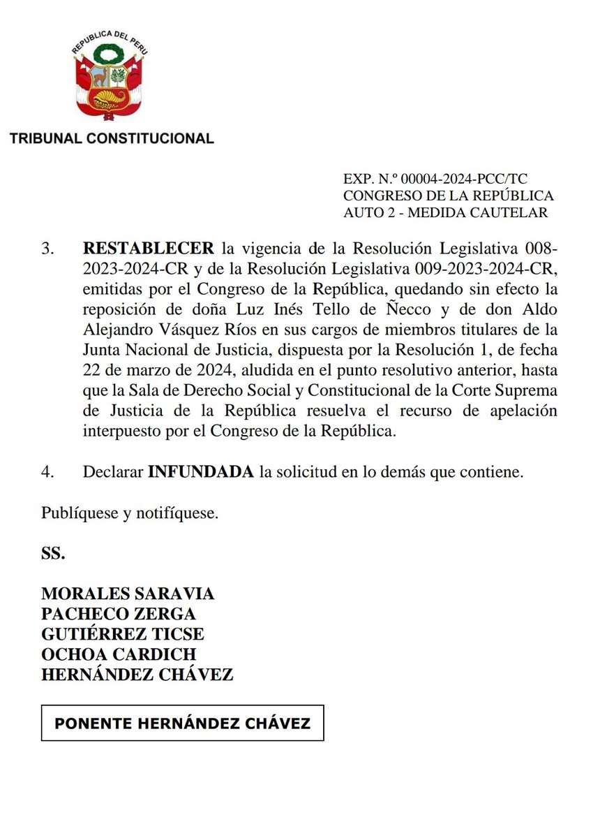 #AHORA Fallo del TC: suspende resolución del PJ que restituyó a Inés Tello y Aldo Vasquez como miembros de la JNJ hasta que Corte Suprema resuelva la apelación del congreso @RPPNoticias