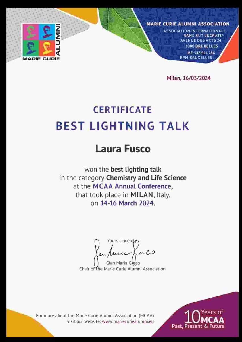 Laura__Fusco's tweet photo. I am honored to have received this award from the Marie Curie Alumni Association! #MCAAConf2024 #unipd https://t.co/xC46Zlgeit