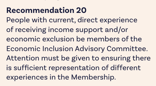 the FUNNIEST recommendation is number 20. @AusUnemployment and @antipovertycent repeatedly pointed out that no one on Labor's advisory committee... actually experienced economic exclusion. But boffins and columnists shouted them down. Turns out the experts agree.